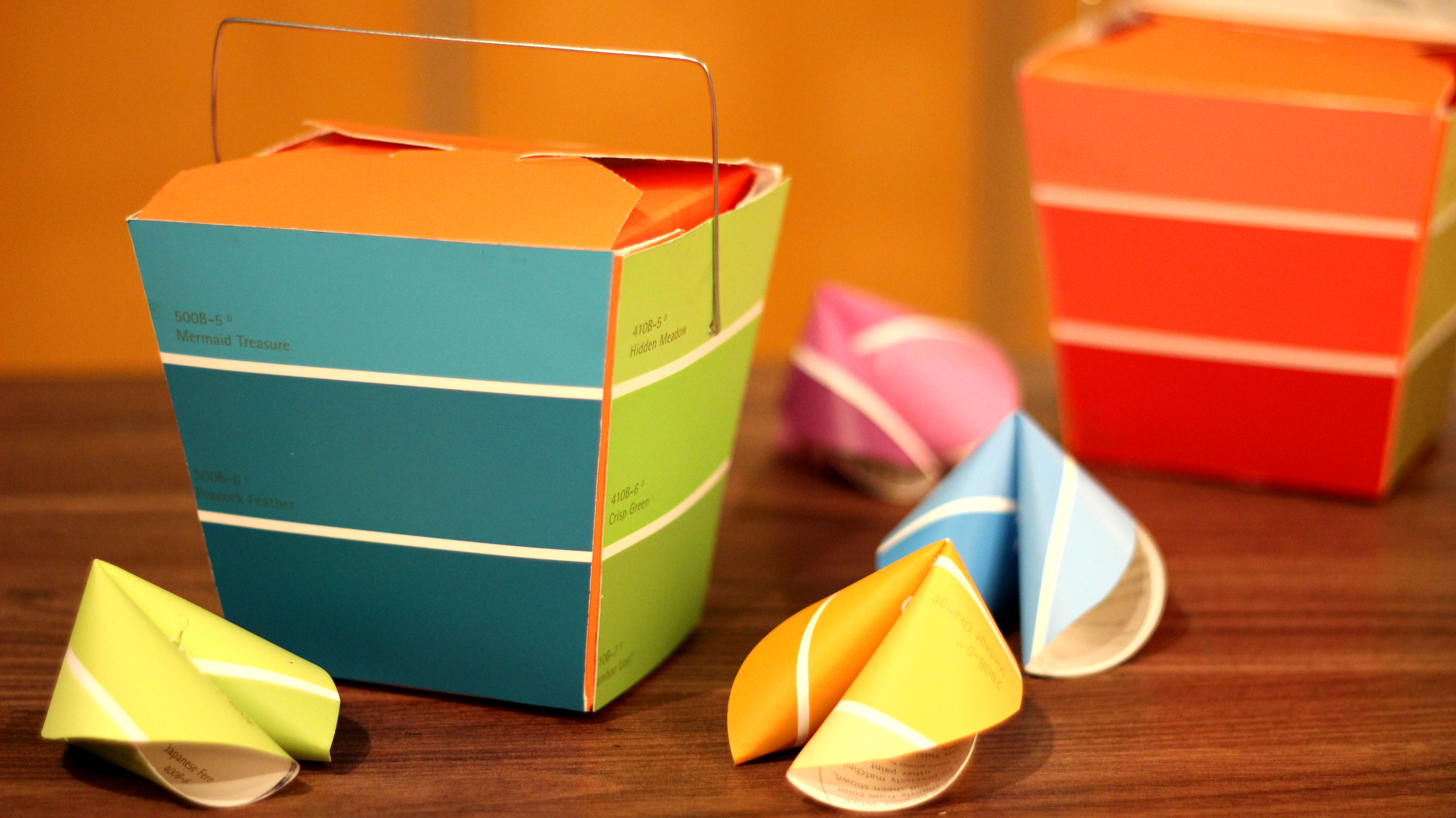 paint chip takeout box and fortune cookies